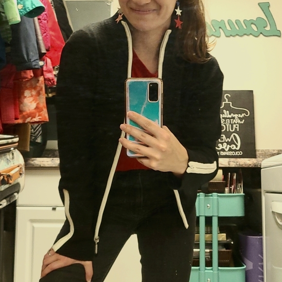 A|Line Black with White Stripe Long-Sleeve Zip-Up Collared Cardigan Sweater - PL - Picture 11 of 11